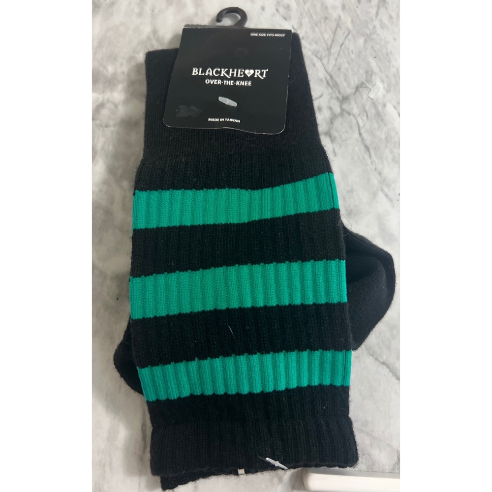 Blackheart Over The Knee Socks Black Green Striped Ribbed Goth One Size NWT